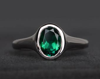 engagement ring emerald ring May birthstone oval cut green gemstone ring sterling silver ring