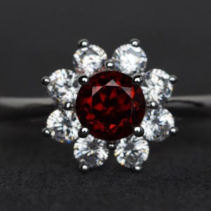 red garnet ring silver natural garnet engagement ring round cut halo ring
