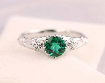 Vintage filigree emerald ring round cut 7 mm sterling silver retro May birthstone ring