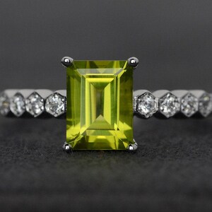 natural peridot ring silver emerald cut natural green gemstone ring engagement ring