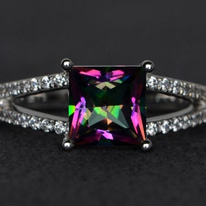 rainbow mystic topaz ring silver square cut mystic topaz rings engagement ring promise ring split band ring