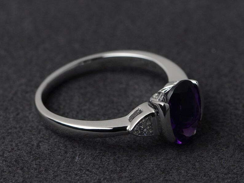 silver amethyst ring oval cut bezel setting wedding engagement rings purple gemstone rings February birthstone image 2