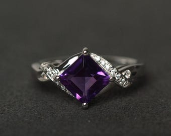 amethyst ring silver natural square cut purple gemstone February birthstone ring anniversary gift