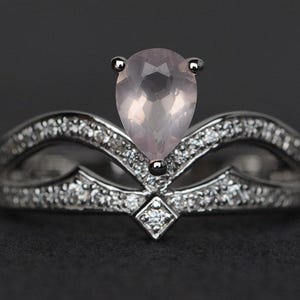 pink quartz ring crown ring pink gemstone ring engagement ring silver pear cut image 1