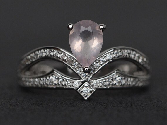 pink quartz ring crown ring pink gemstone ring engagement ring silver pear cut