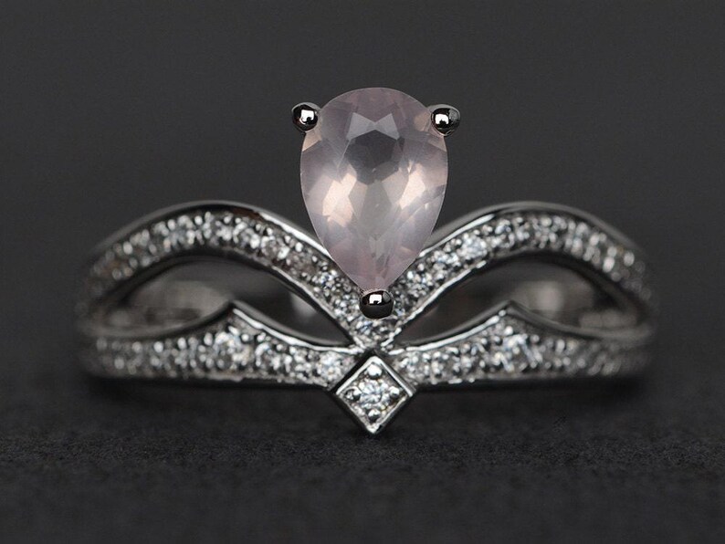 pink quartz ring crown ring pink gemstone ring engagement ring silver pear cut image 1