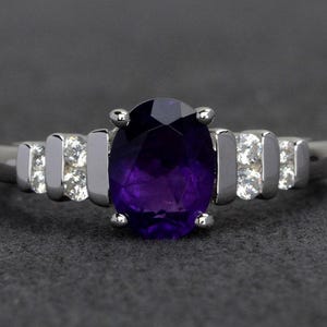 oval amethyst ring genuine gemstone ring engagement ring purple amethyst rings silver February birthstone ring birthday gift