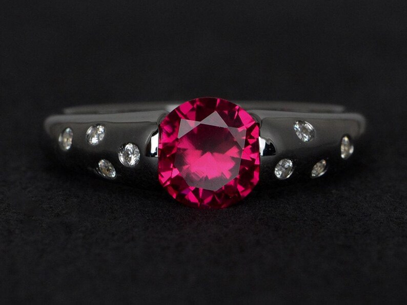 ruby ring red ruby engagement ring silver round cut gemstone rings promise ring July birthstone ring image 1