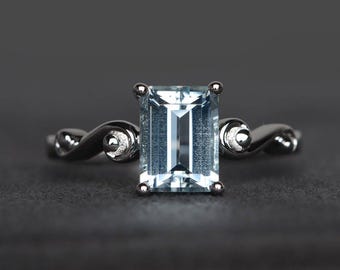 natural aquamarine ring promise ring March birthstone blue gems emerald cut gemstone sterling silver ring