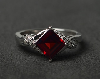 square cut garnet ring January birthstone ring silver engagement ring red gemstone ring garnet jewelry