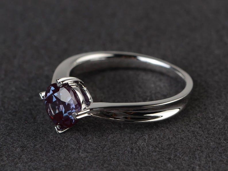 solitaire ring anniversary ring lab alexandrite ring round cut color change gemstone ring June birthstone ring sterling silver image 2
