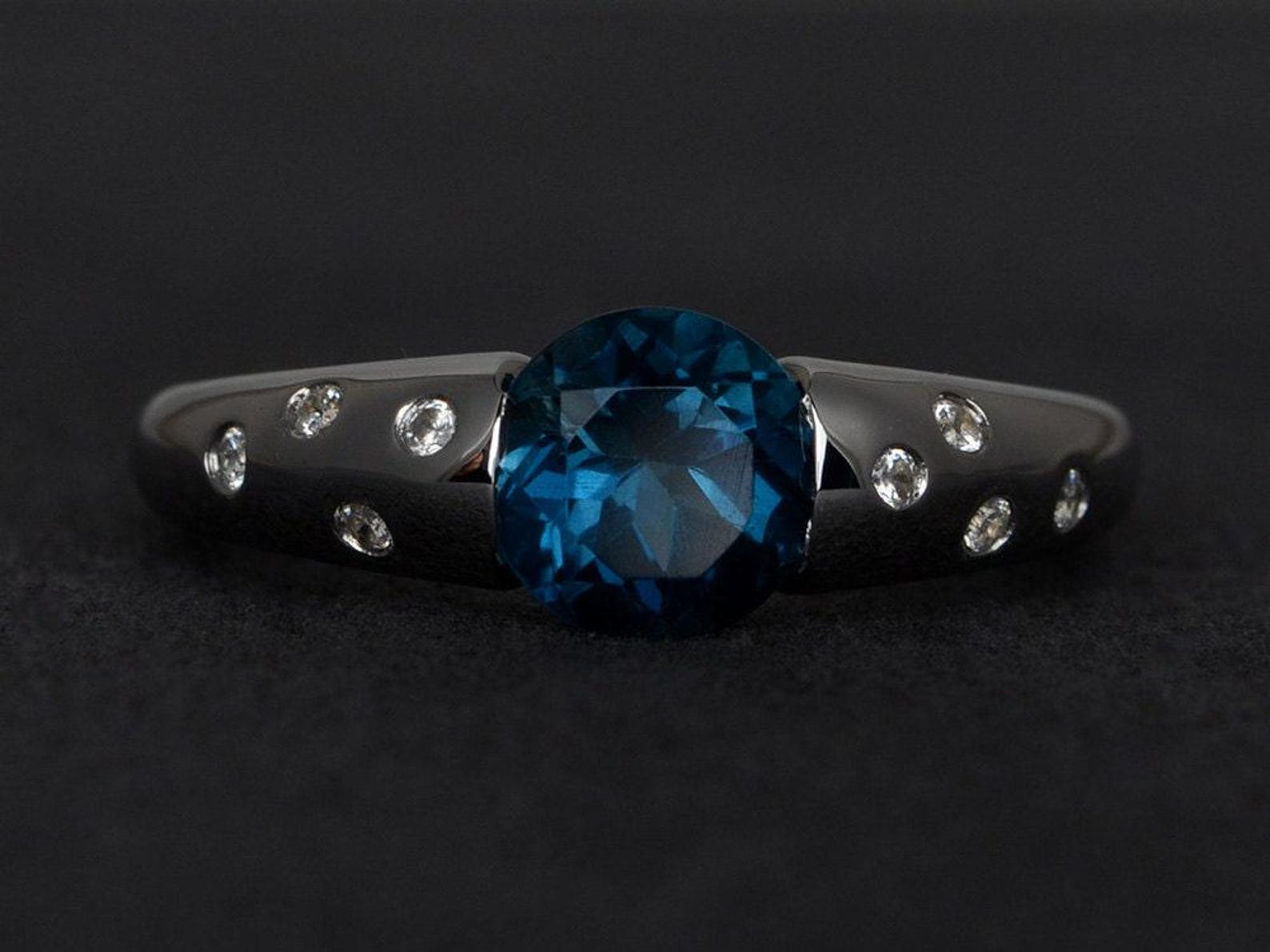 London Blue Topaz Ring Round Cut Silver Blue Topaz Engagement Ring ...