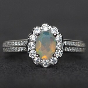 opal ring silver natural opal engagement ring for women halo gemstone ring oval cut promise ring