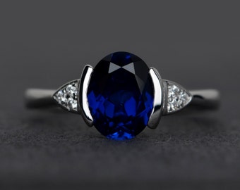 blue sapphire ring engagement rings oval sapphire ring blue gemstone rings silver September birthstone ring