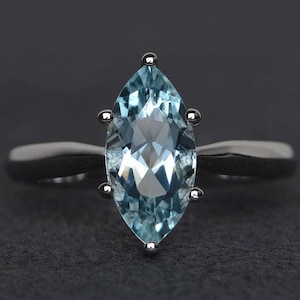 natural aquamarine engagement ring marquise cut solitaire ring sterling silver ring blue gemstone ring March birthstone