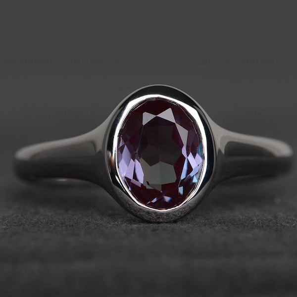 alexandrite ring engagement ring oval cut color changing gemstone sterling silver ring June birthstone