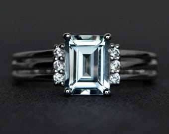 natural aquamarine ring silver emerald cut blue gemstone ring aquamarine engagement ring March birthstone ring
