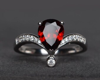 natural red garnet ring anniversary ring January birthstone pear cut red gemstone sterling silver ring