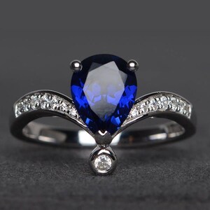 blue sapphire engagement ring pear cut blue gemstone sterling silver ring September birthstone