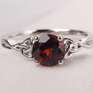 unique celtic knot ring sterling silver garnet ring round cut January birthstone ring