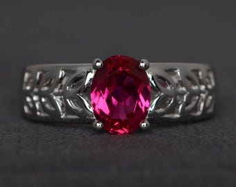 solitaire ring lab ruby ring anniversary ring oval cut red gemstone sterling silver ring July birthstone