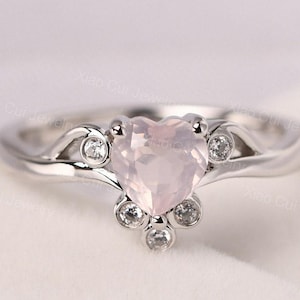 dainty rose quartz engagement ring 14k white gold heart shaped 6 mm pink quartz cluster bridal ring
