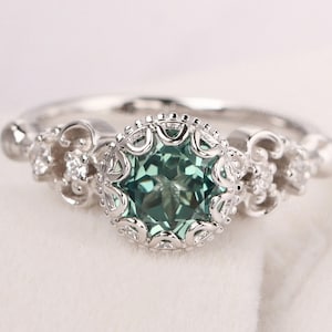 retro green sapphire ring silver milgrain ring round cut 7 mm anniversary ring