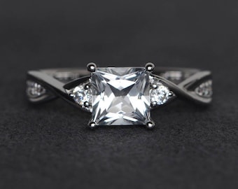 natürlicher weißer Topasring Princess Cut Edelsteinring Sterlingsilber Ring hell glänzend