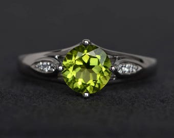 natural peridot ring engagement ring round cut ring gemstone ring green peridot ring silver ring August birthstone ring