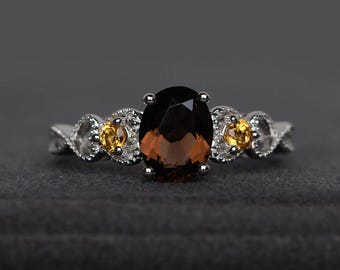 oval cut natural smoky quartz ring engagement ring genuine brown gemstone ring citrine accent stone ring sterling silver ring