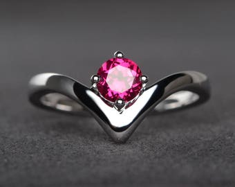 ruby ring promise ring round cut red gemstone July birthstone sterling silver ring solitaire ring