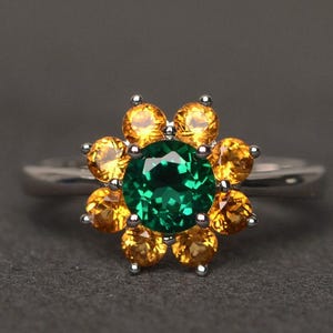 Anillo de esmeralda de laboratorio con girasol y piedra preciosa verde de corte redondo, anillo de compromiso, anillo de plata esterlina imagen 1