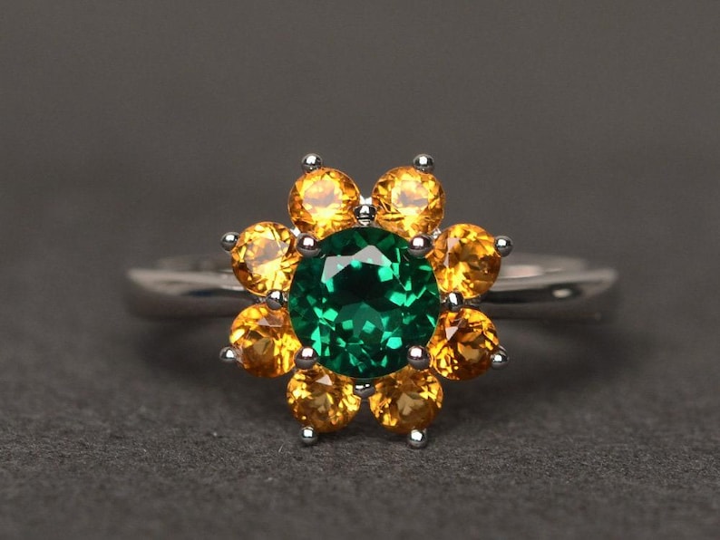 Anillo de esmeralda de laboratorio con girasol y piedra preciosa verde de corte redondo, anillo de compromiso, anillo de plata esterlina imagen 1