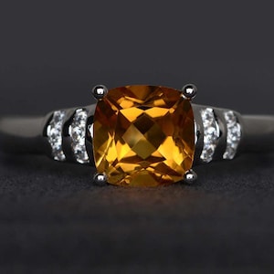 Anillo de citrino, anillo de piedra amarilla, anillo de compromiso con corte cojín, anillo de plata esterlina, anillo de bodas, anillo de piedra preciosa de cuarzo amarillo, piedra natal de noviembre