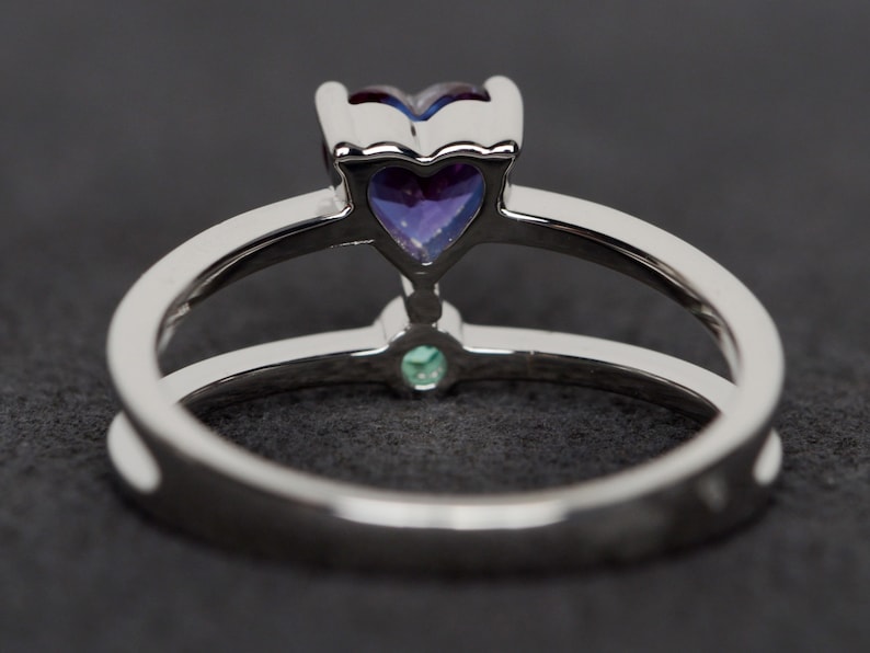 alexandrite ring heart cut engagement ring double band silver ring color change gemstone ring June birthstone ring