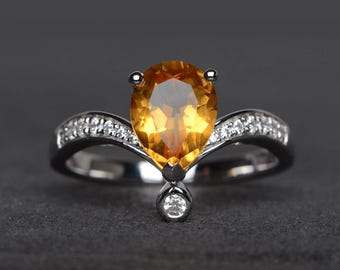 natural citrine ring pear cut sterling silver ring november birthstone ring