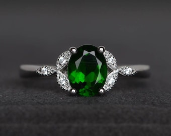 proposal ring natural chrome diopside ring sterling silver ring oval cut gems green gemstone
