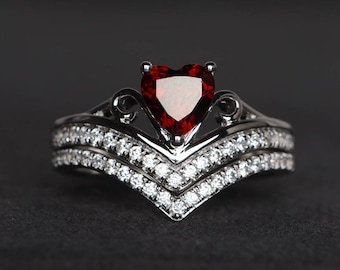 natural red garnet ring proposal ring heart cut gems red gemstone sterling silver ring January birthstone ring bridal sets