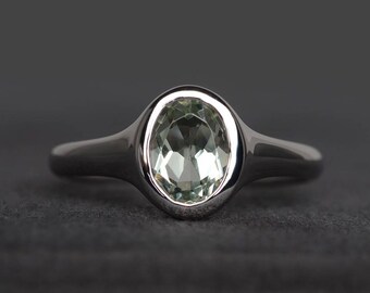 Anillo solitario de amatista verde natural, anillo de compromiso de corte ovalado, anillo de piedra preciosa verde, anillo de plata esterlina