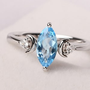 personalized Swiss blue topaz ring sterling silver marquise cut moon engagement ring November birthstone