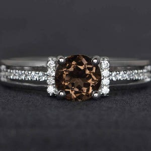 round cut smoky quartz ring smoky crystal ring brown gemstone ring engagement ring sterling silver ring