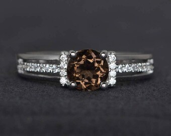 round cut smoky quartz ring smoky crystal ring brown gemstone ring engagement ring sterling silver ring