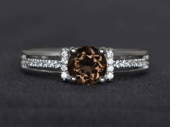 round cut smoky quartz ring smoky crystal ring brown gemstone ring engagement ring sterling silver ring