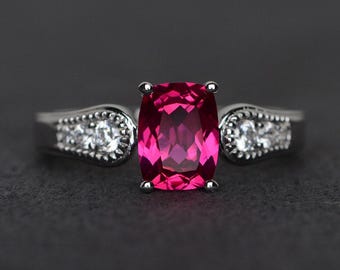 ruby ring silver cushion cut red gemstone ring ruby engagement ring July birthstone