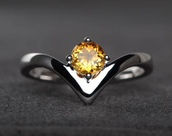 natural citrine ring round cut yellow gemstone solitaire ring sterling silver ring November birthstone ring