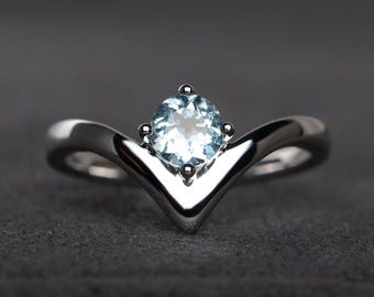 Anillo de aguamarina natural, anillo de promesa, piedra preciosa azul de corte redondo, piedra de nacimiento de marzo, anillo de plata esterlina