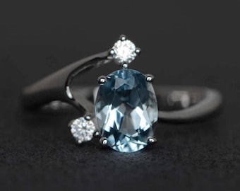 aquamarine engagement ring oval aquamarine ring sterling silver gemstone ring promise ring three stone ring