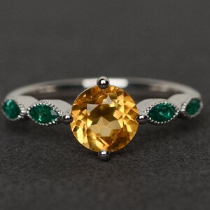citrine ring silver engagement ring round cut november birthstone ring