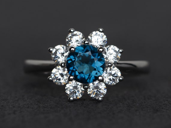 London blue topaz ring sunflower rings round cut blue topaz engagement ring silver ring