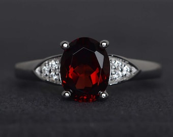 garnet ring oval cut engagement ring red gemstone ring sterling silver February birthstone ring